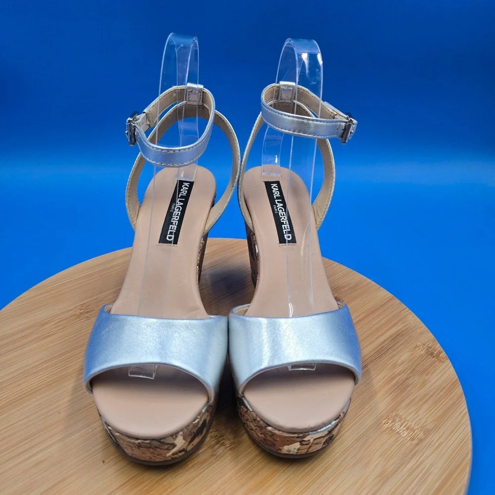Karl‎ Lagerfeld Paris Carina Silver Metallic Leather Cork Wedge Sandals 6.5M 37B
